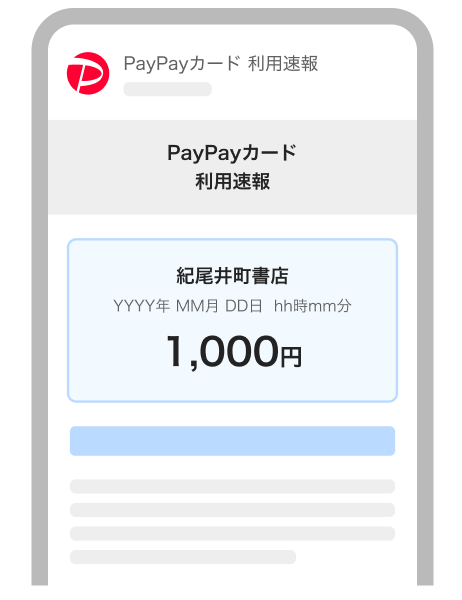 PayPayカードの利用速報メールのイメージ。紀尾井町書店で1,000円の利用が表示されている。