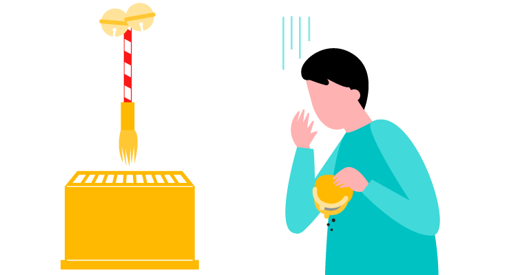 神社のお賽銭箱を前に、財布の中に小銭がなくて困っている人のイラスト