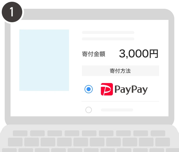 手順1.寄付金額3,000円を入力し、寄付方法として「PayPay」を選択する画面。