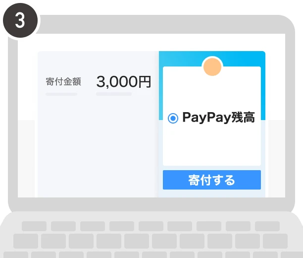 手順3.寄付金額3,000円を確認し、「PayPay残高」を選択して寄付を行う画面。