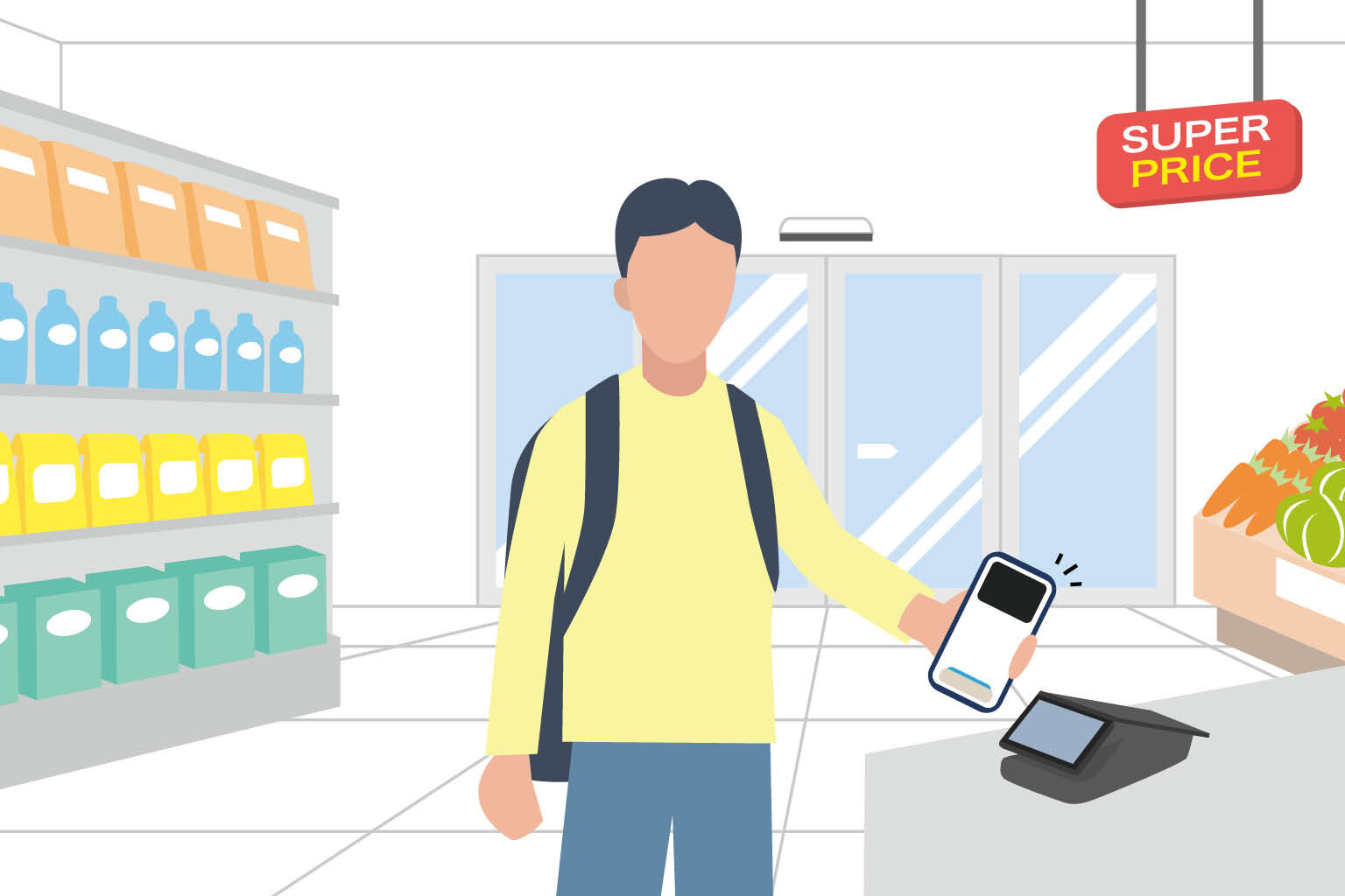 お店で決済している男性のイラスト