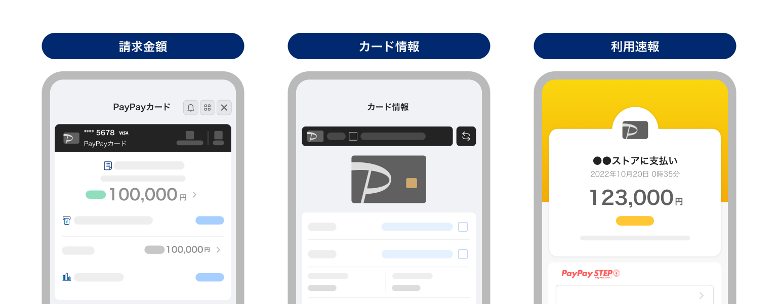 PayPayカードアプリの画面例。左から「請求金額」「カード情報」「利用速報」が表示され、利用状況を確認できる。
