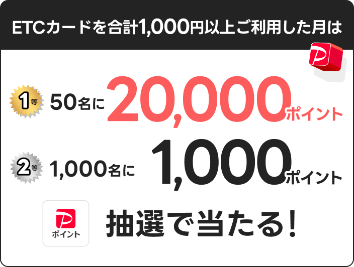 ETCカードを合計1,000円以上ご利用した月は1等50名に20000ポイント、2等1000名に1000ポイント抽選で当たる!