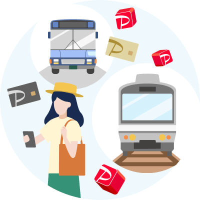 電車とバスのイラストと、スマートフォンで貯まったポイントを確認している人のイラスト