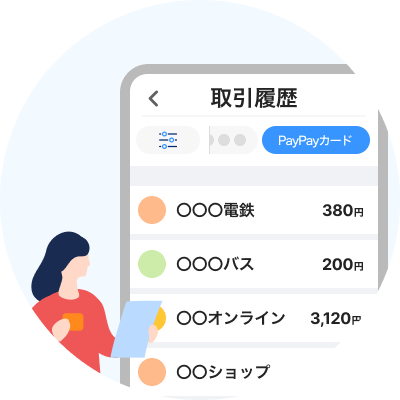 PayPayアプリの画面に表示された取引履歴の一覧。ショップ名と金額が並び、クレカタッチ乗車のの利用履歴を確認する様子のイラスト