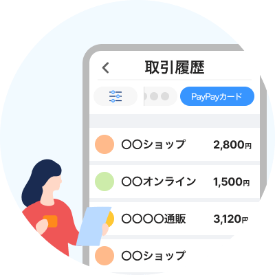 PayPayアプリの画面に表示された取引履歴の一覧。ショップ名と金額が並び、PayPayカードの利用履歴を確認する様子