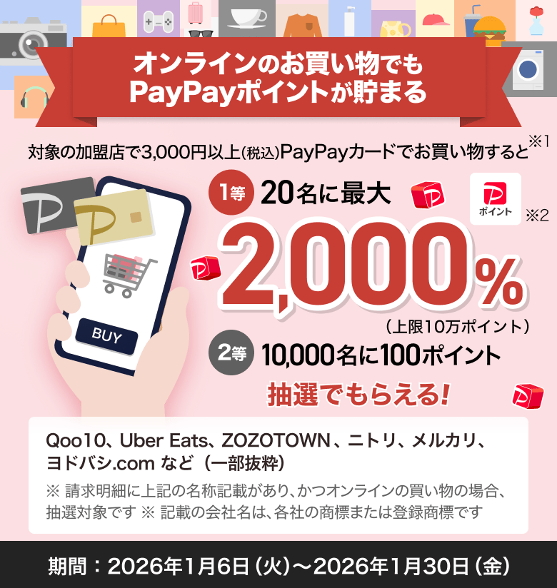 オンラインのお買い物でもPayPayポイントが貯まる。対象加盟店で3,000円以上（税込） PayPayカードでお買い物すると、1等：20名に最大2,000％（上限10万ポイント）、2等：10,000名に100ポイントが抽選でもらえる。対象例：Qoo10、Uber Eats、ZOZOTOWN、ニトリ、メルカリ、ヨドバシ.com など（一部抜粋）。期間：2026年1月6日（火）〜1月30日（金）。