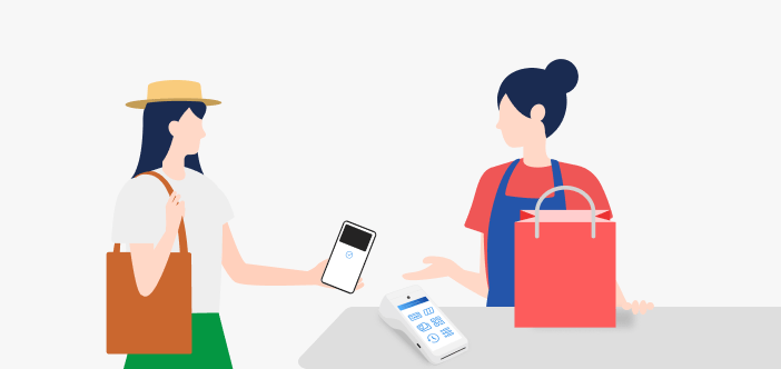 レジでスマートフォンを端末にかざしてPayPayカードで支払う利用者と、会計を対応する店員のイラスト