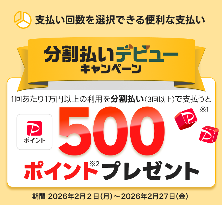 分割払いデビューキャンペーン。一回あたり1万円以上の利用を分割払い（3回以上）で支払うと500ポイントプレゼント。