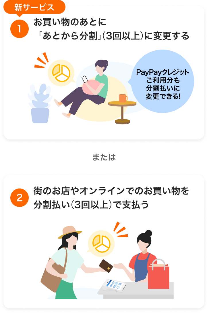(1)新サービス。お買い物のあとに 「あとから分割」(3回以上)に変更する。または(2)街のお店やオンラインでのお買い物を分割払い(3回以上)で支払う。