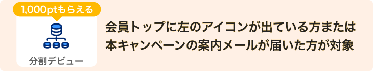 会員トップに「1,000ポイントもらえる 分割デビュー」アイコンが出ている方または本キャンペーンの案内メールが届いた方対象