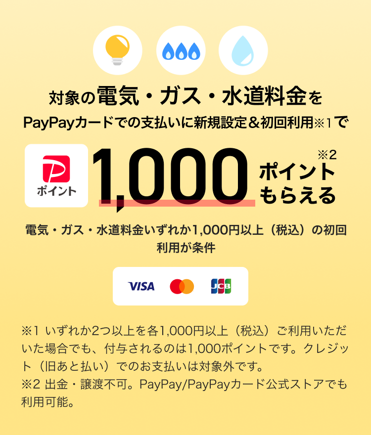 対象の電気・ガス・水道料金をPayPayカードでの支払いに新規設定＆初回利用で1,000ポイントもらえる！