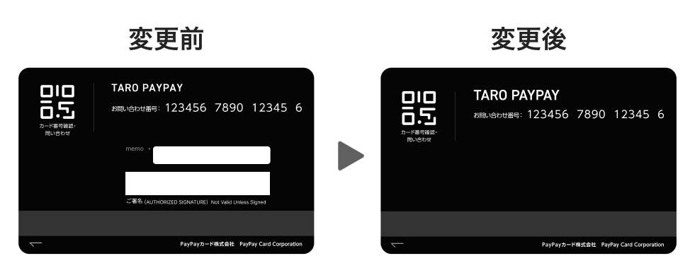 PayPayカードの裏面デザインの変更比較。左は変更前で署名欄がある。右は変更後で署名欄がなくなっている。