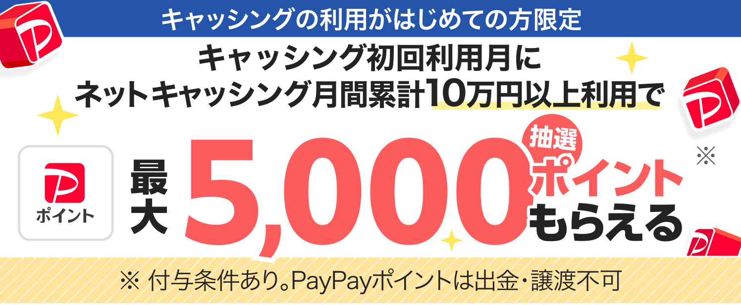 ネットキャッシングを月間累計10万円以上利用すると毎月抽選で最大5,000ポイントプレゼント