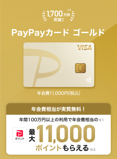 PayPayカード ゴールド 年会費11,000円（税込） 年会費相当が実質無料！ 年間100万円以上の利用で年会費相当のPayPayポイント最大11,000ポイントもらえる