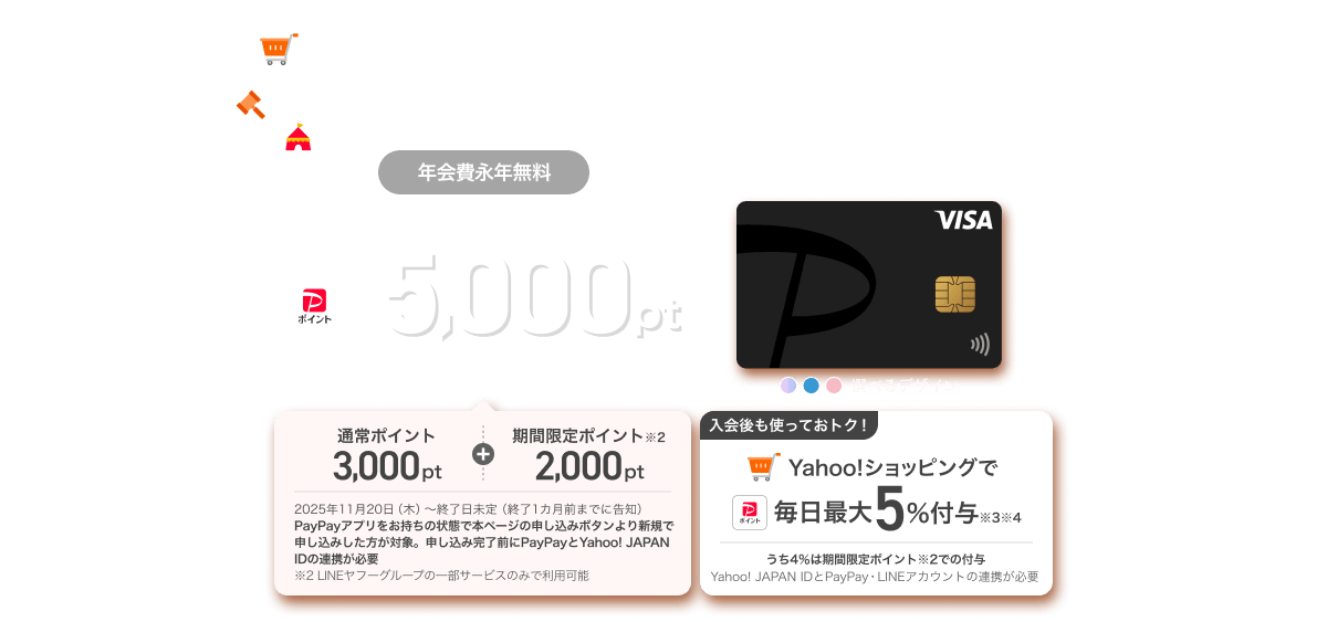 ヤフーでお買い物するならPayPayカード！年会費永年無料 新規入会ですぐにPayPayポイント合計5,000ptもらえる！ 