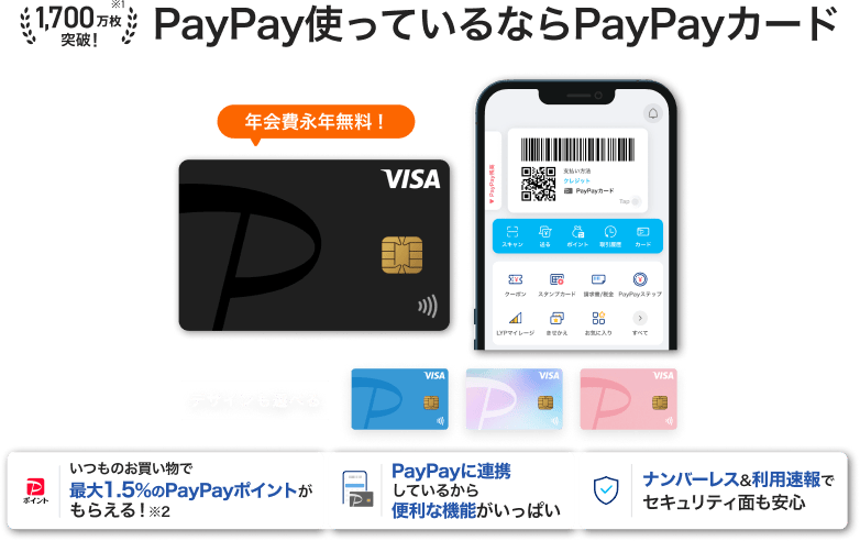 PayPay使っているならPayPayカード 年会費永年無料！ 最大1.5％のPayPayポイント PayPayに連携しているから便利な機能がいっぱい ナンバーレス＆利用速報
