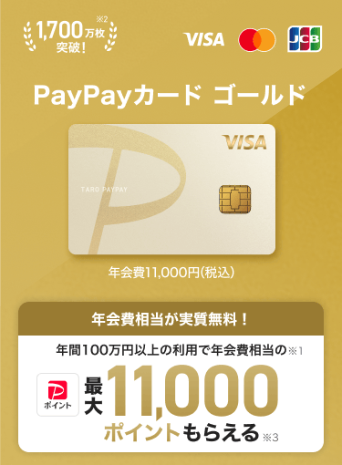 PayPayカード ゴールド 年会費11,000円(税込) 年会費相当が実質無料! 年間100万円以上の利用で年会費相当のPayPayポイント最大11,000ポイントもらえる