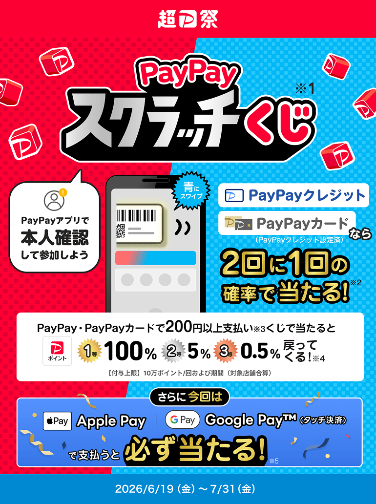 超P祭 PayPayアプリで本人確認して参加しよう PayPayスクラッチくじ PayPay・PayPayカードで200円以上支払い くじで当たるとPayPayポイントが戻ってくる! 付与上限:10万ポイント/回および期間