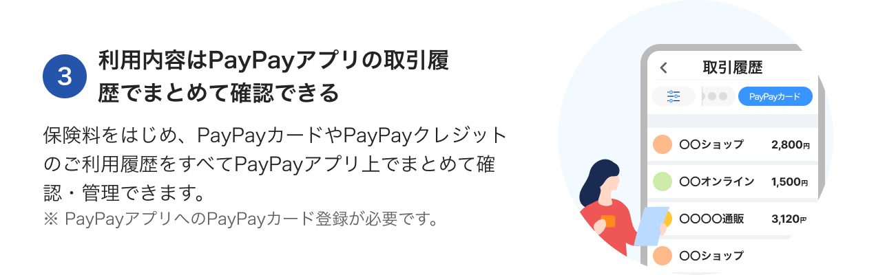 3利用内容はPayPayアプリの取引履歴でまとめて確認できる。保険料をはじめ、PayPayカードやPayPayクレジットのご利用履歴をすべてPayPayアプリ上でまとめて確認・管理できます。※ PayPayアプリへのPayPayカード登録が必要です。公共料金のお支払いにより、レギュラー会員は1.0%、ゴールド会員は1.5%の還元を継続的に受けることができます。また、月に30回かつ10万円以上の支払いで翌月から+0.5%還元されます。