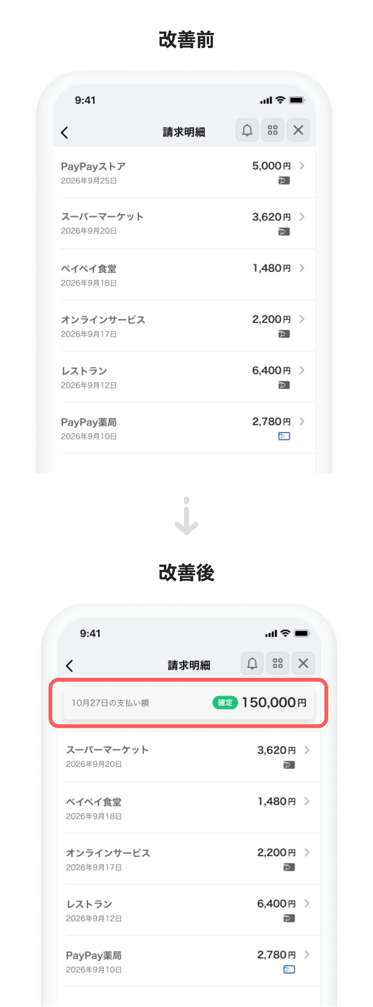 請求明細画面のスクロール中に請求金額の合計を表示する改善前・改善後