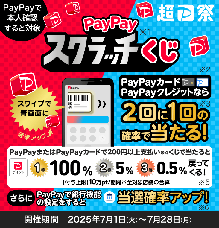 PayPayで本人確認すると対象　PayPayカードPayPayクレジットなら　PayPayスクラッチくじ　2回で1回の確率で当たる！ 期間：2025年7月1日（火）～2025年7月28日（月）