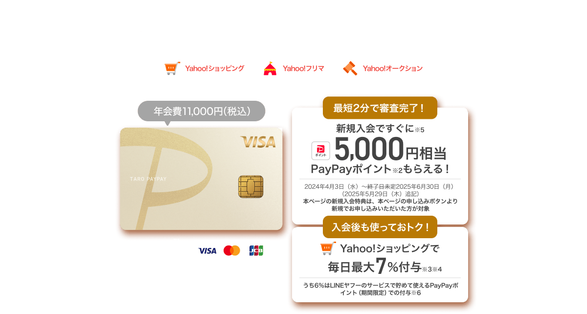 ヤフーでお買い物するならPayPayカード ゴールド！【Yahoo!ショッピング・Yahoo!フリマ・Yahoo!オークション】PayPayカード ゴールド：年会費11,000円（税込）／1,400万枚※1突破！／最短2分で審査完了！新規入会ですぐに※5 5,000円相当PayPayポイント※2もらえる！／入会後も使っておトク！Yahoo!ショッピングで毎日最大7%付与※3※4