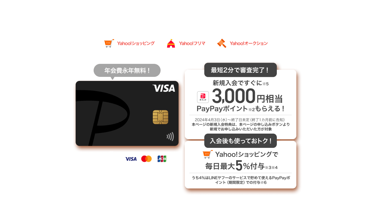 ヤフーでお買い物するならPayPayカード！【Yahoo!ショッピング・Yahoo!フリマ・Yahoo!オークション】PayPayカード：年会費永年無料！／1,300万枚※1突破！／最短2分で審査完了！新規入会ですぐに※5 3,000円相当PayPayポイント※2もらえる！／入会後も使っておトク！Yahoo!ショッピングで毎日最大5%付与※3※4