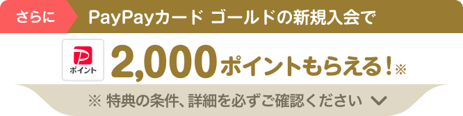 さらにPayPayカード ゴールドの新規入会でPayPayポイント2,000ポイントもらえる！ ※ 特典の条件、詳細を必ずご確認ください