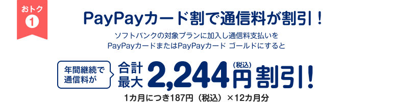 おトク1 PayPayカード割で通信料が割引！ ソフトバンクの対象プランに加入し通信料支払いをPayPayカードまたはPayPayカード ゴールドにすると年間継続で通信料が合計最大2,244円（税込）割引！ 1カ月につき187円（税込）×12カ月分