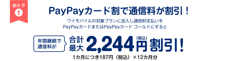 おトク1 PayPayカード割で通信料が割引！ ワイモバイルの対象プランに加入し通信料支払いをPayPayカードまたはPayPayカード ゴールドにすると年間継続で通信料が合計最大2,244円（税込）割引！ 1カ月につき187円（税込）×12カ月分