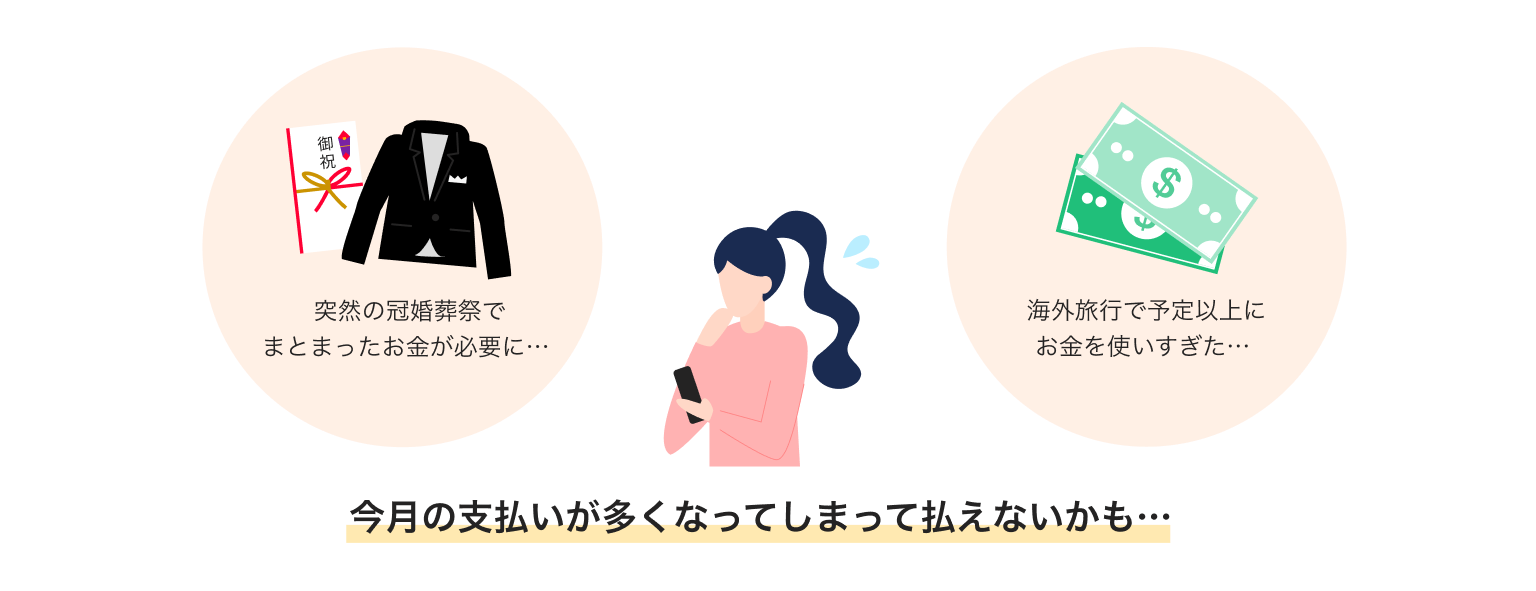 今月の支払いが多くなってしまって払えないかもしれないと困っている女性のイラスト