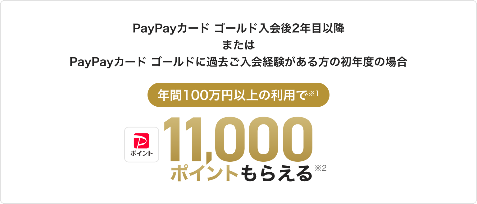 PayPayカード ゴールド入会後2年目以降、または過去に入会経験がある方の初年度の場合。年間100万円以上の利用で11,000ポイントもらえる。